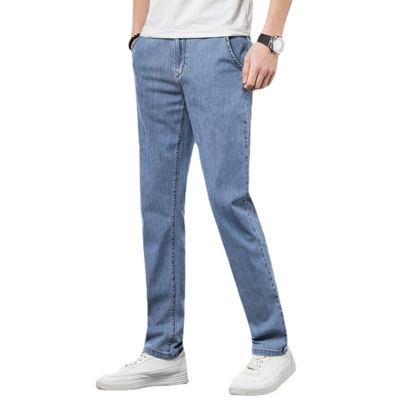 Men's Loose Elastic Jeans Straight Solid Color