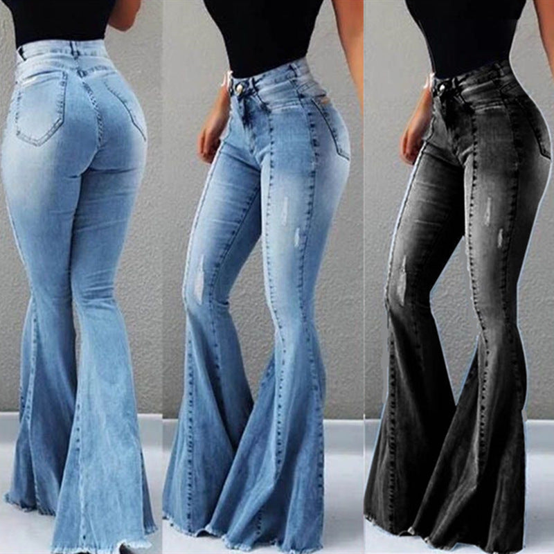 Elastic High Waist Ripped Flared