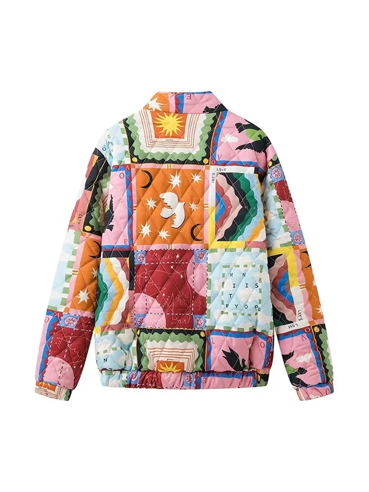 Graffiti print lapel single breasted loose cotton jacket for women
