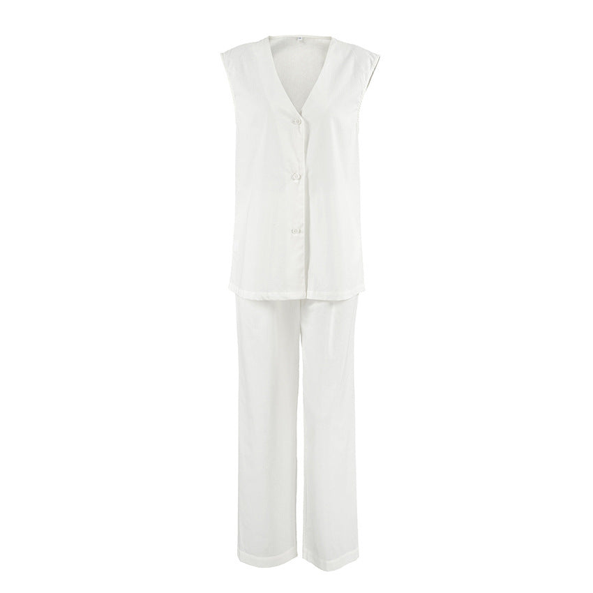 White V-neck Cotton And Linen Sleeveless Pants Suit
