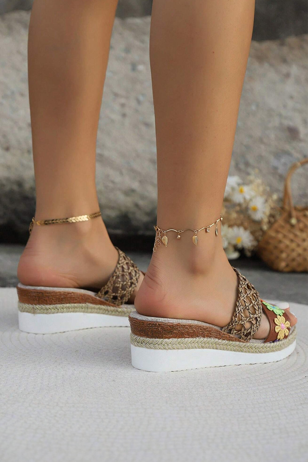 White Floral Wedge Slippers