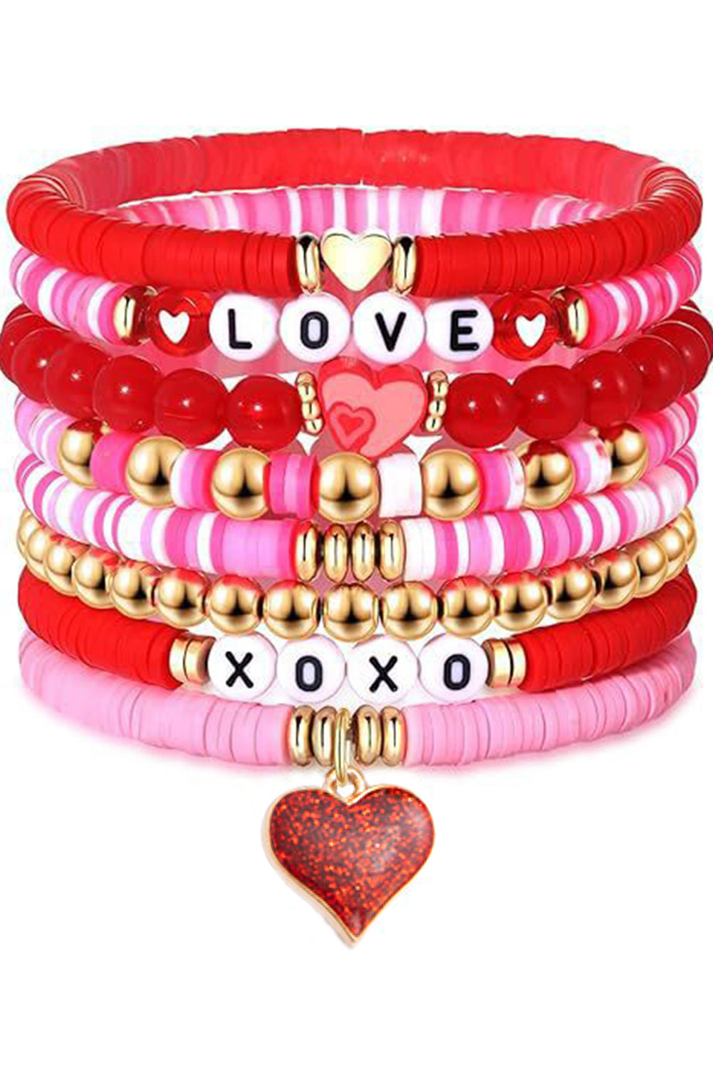 Conjunto de pulseras de cuentas con forma de corazón de San Valentín en color rosa