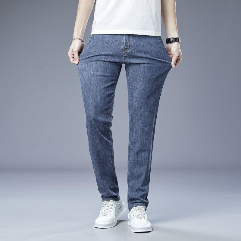 Men's Loose Elastic Jeans Straight Solid Color