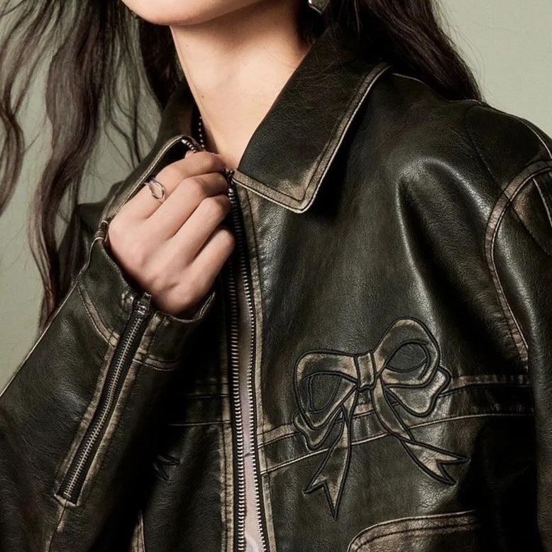 Leather Jacket Personalized Street Sweet Cool Bow