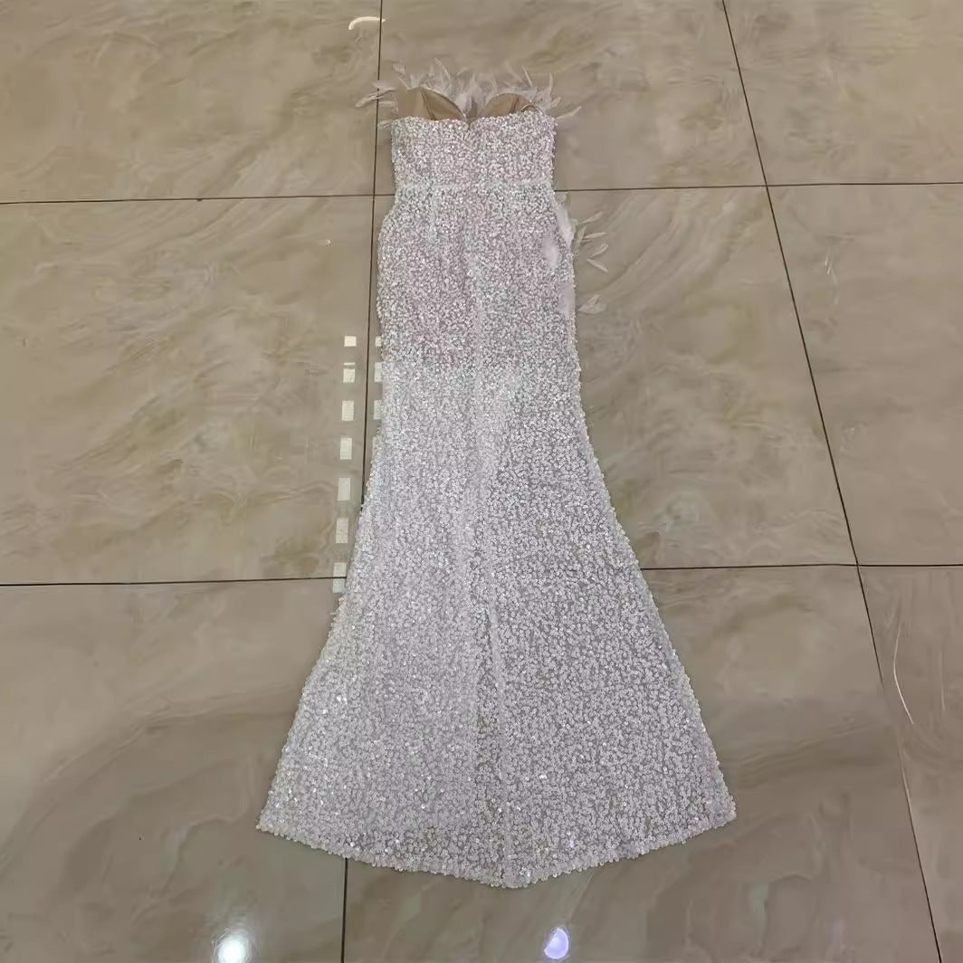 Feather Split Long Dress