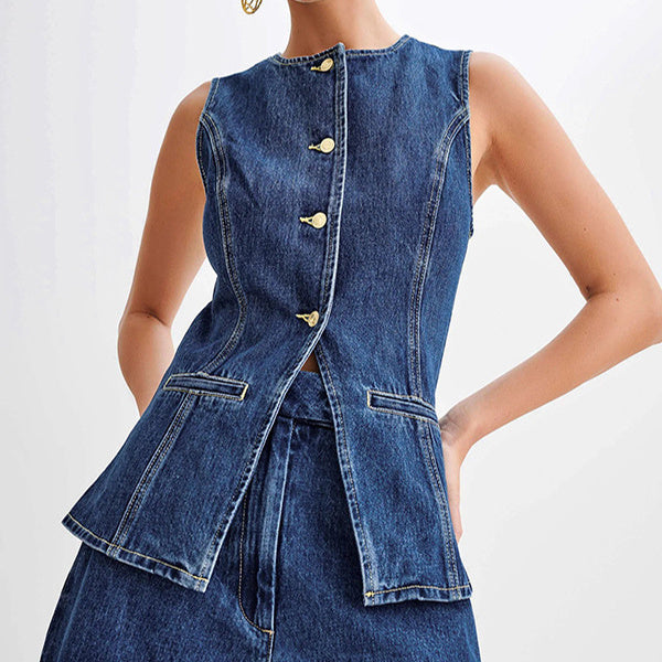 Fashion Denim Suit Casual Button Vest and High Waist Shorts Set