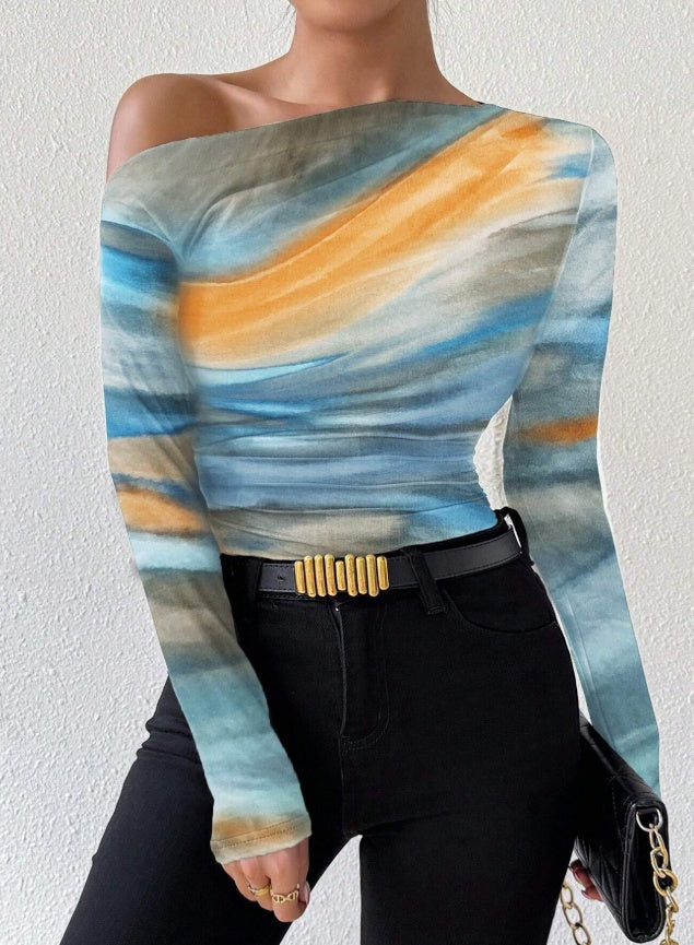 Print Long Sleeve Off-Shoulder Graphic Tops