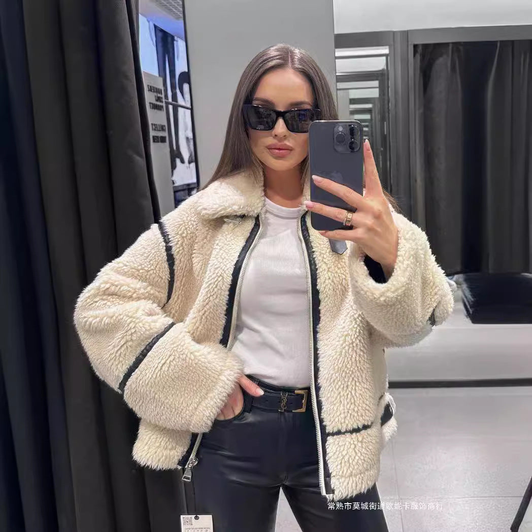 Solid Women Coat Turn Down Collar Zipper Jacket