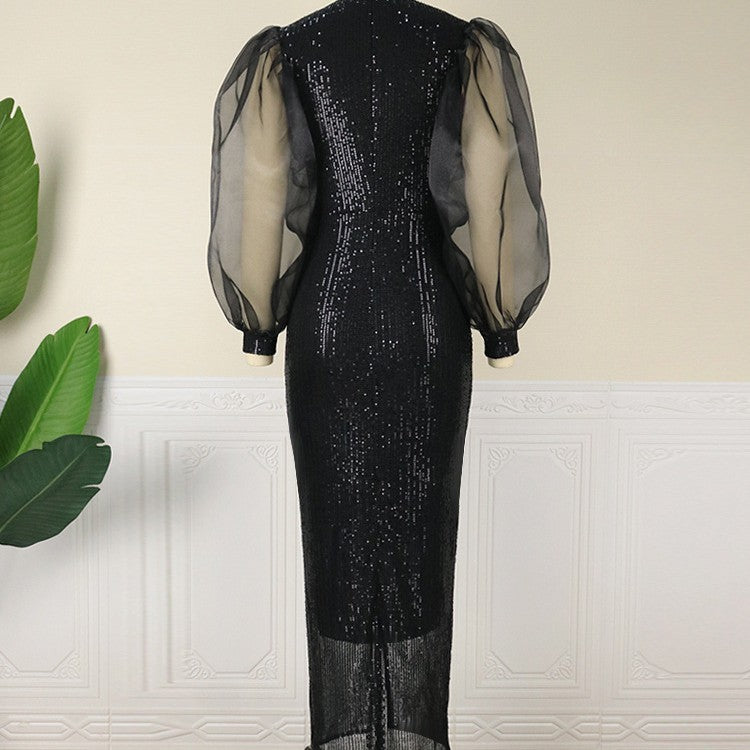 Sequin Mesh Long-sleeve dress
