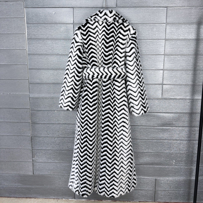 Super Long Faux Fur Coat Luxury Striped Furry Jacket