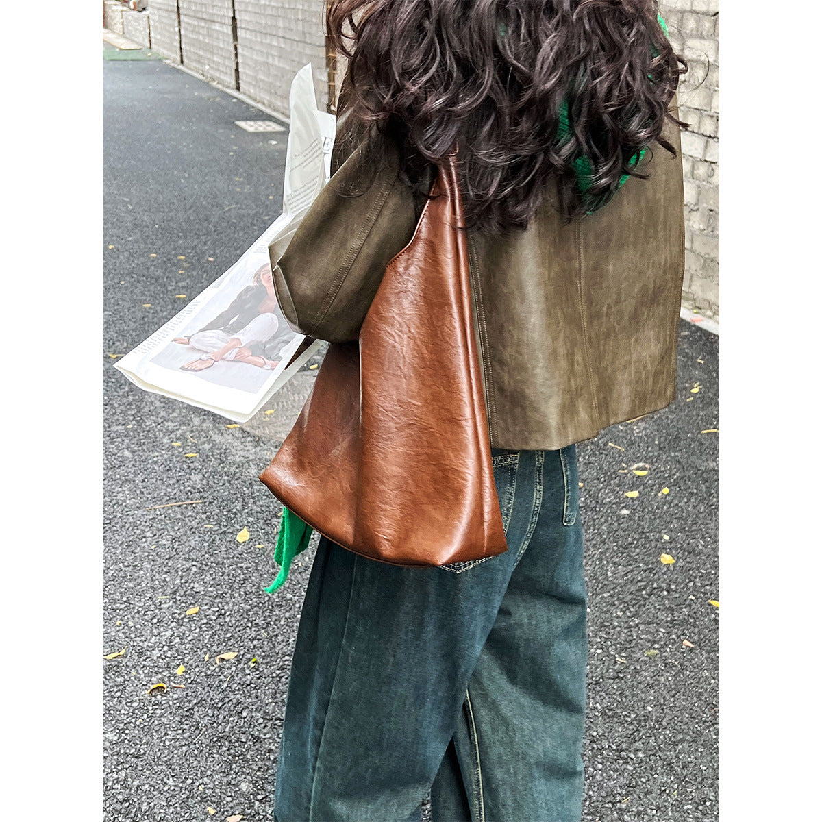 Vintage round neck leather jacket