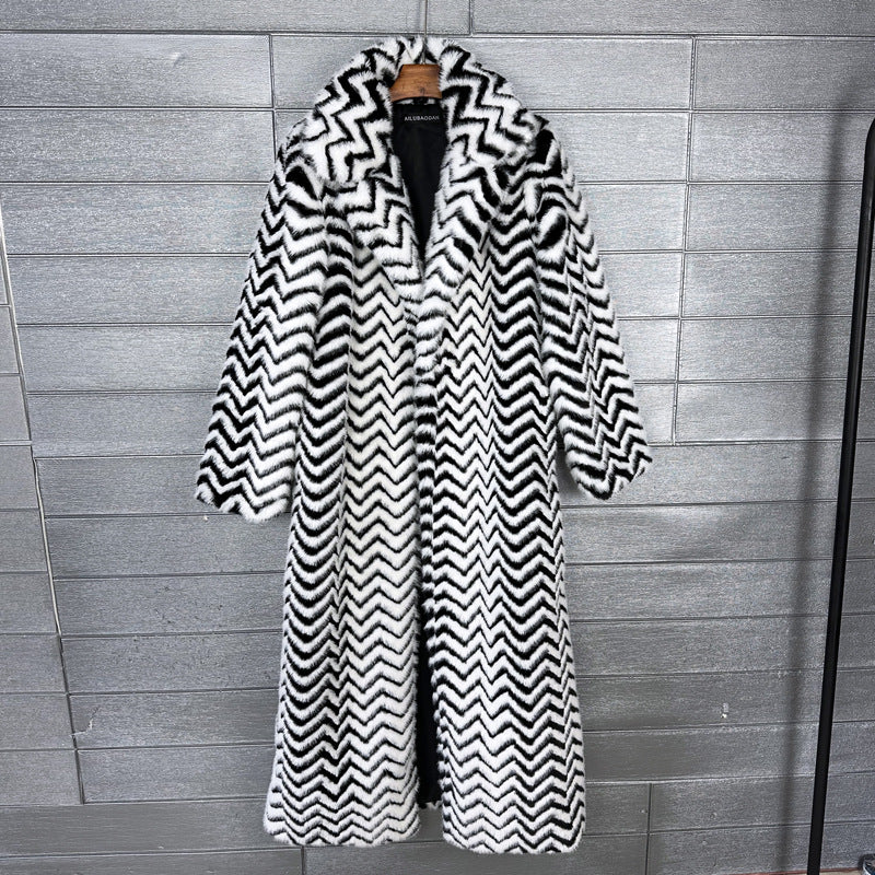 Super Long Faux Fur Coat Luxury Striped Furry Jacket