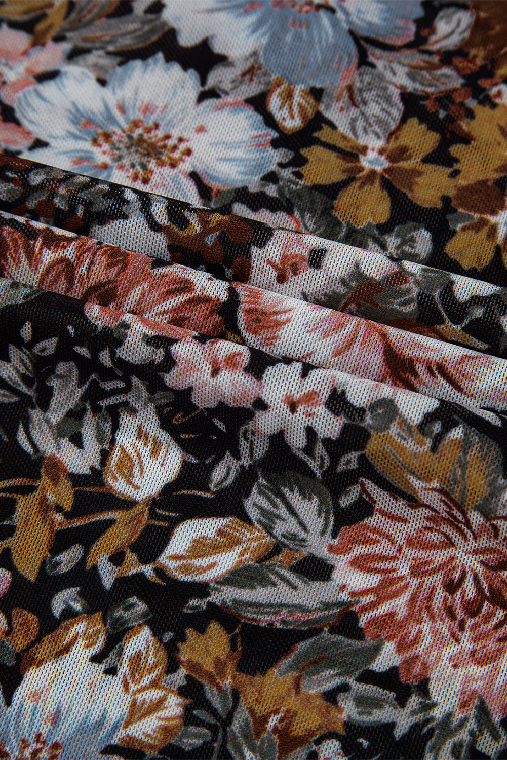 Pink Floral Print Mesh Mock Neck Slim