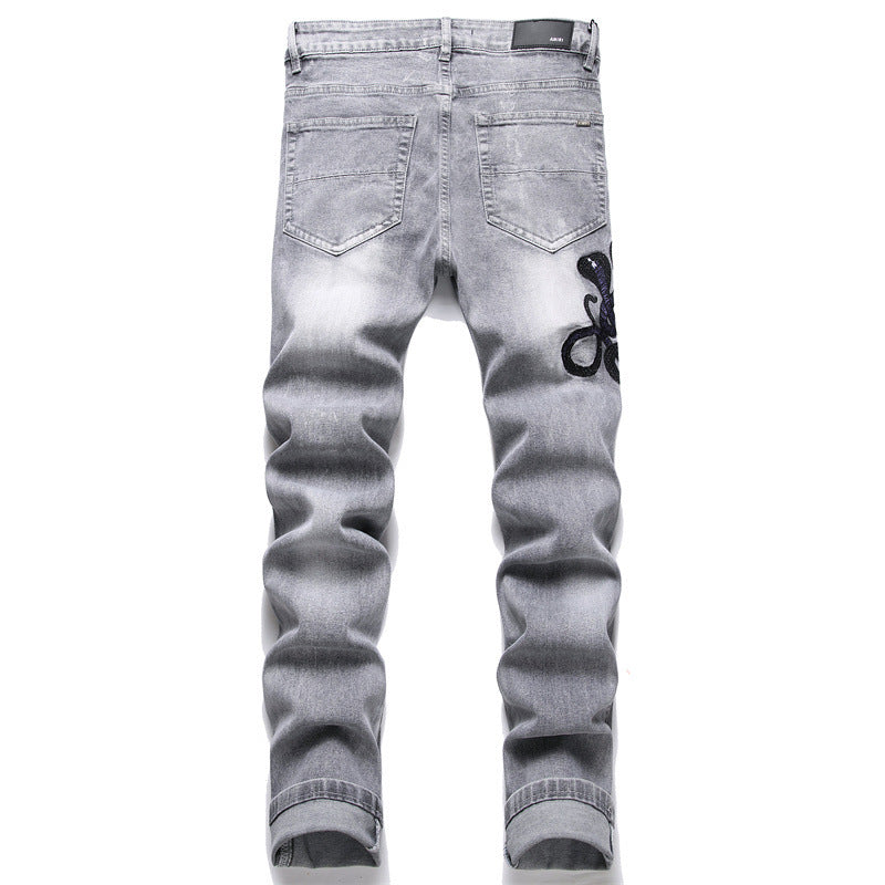 Graue Cobra-Jeans mit Loch-Patch-Stickerei für Herren