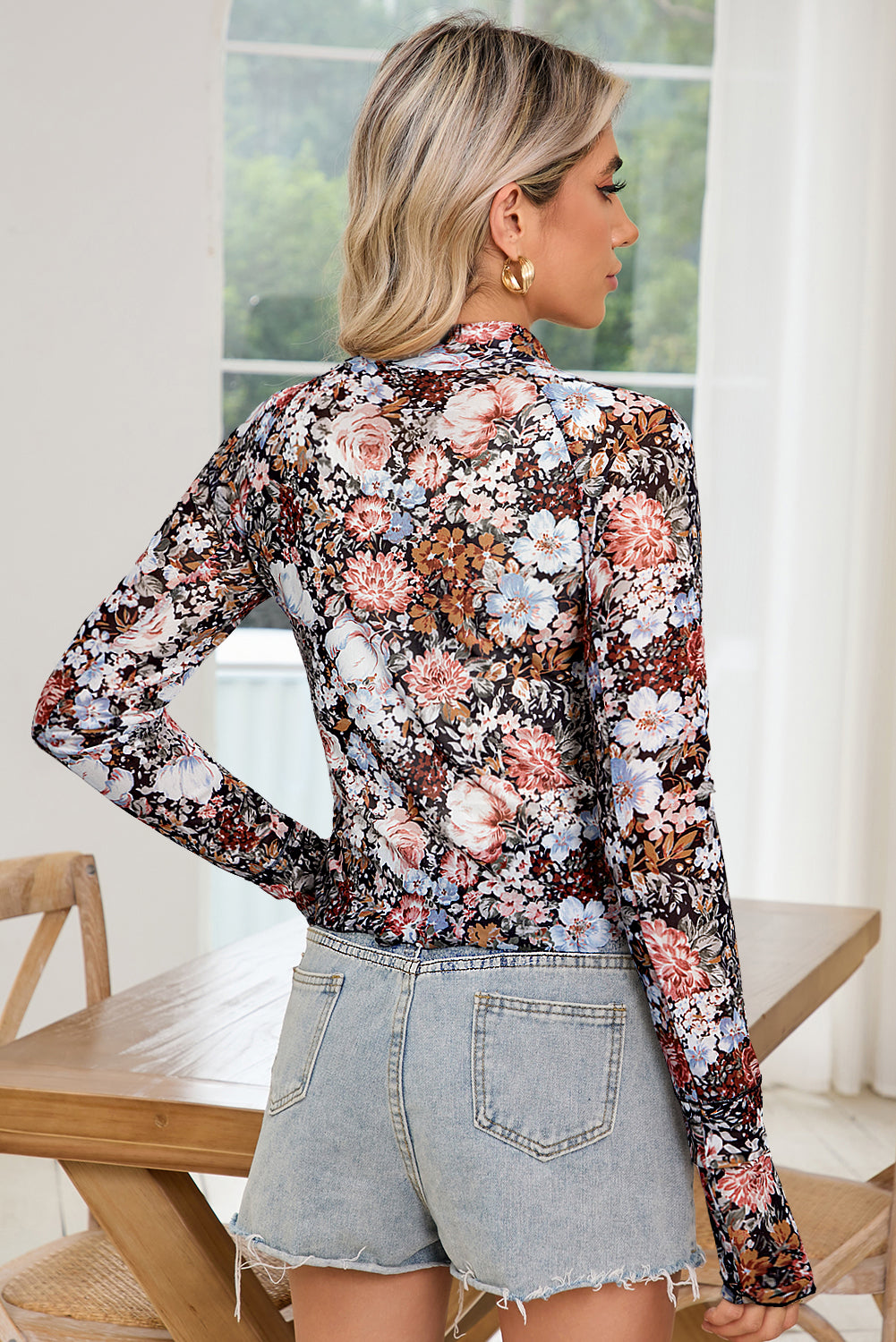 Pink Floral Print Mesh Mock Neck Slim