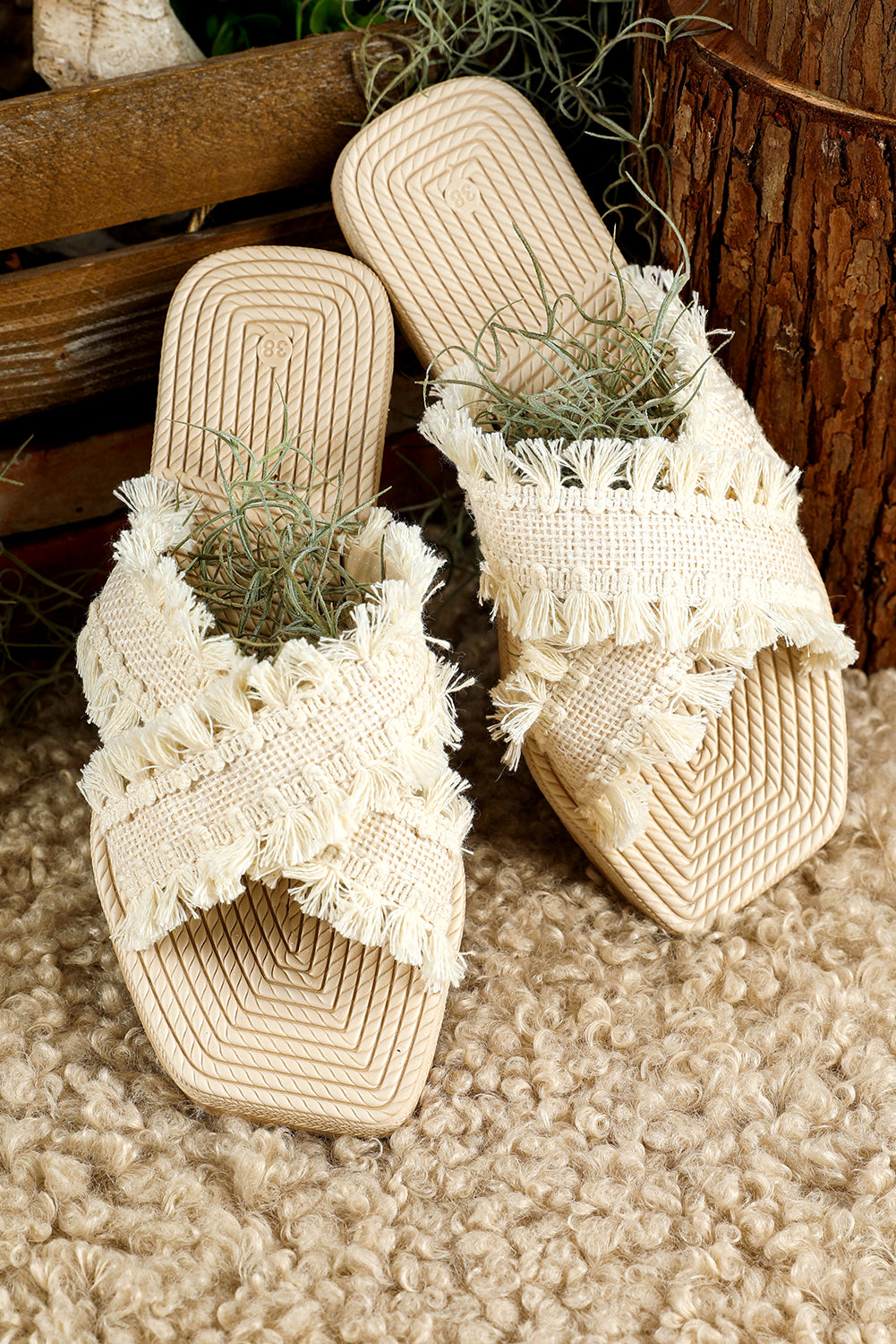 Beige Tassel Woven Crossed Straps Slippers
