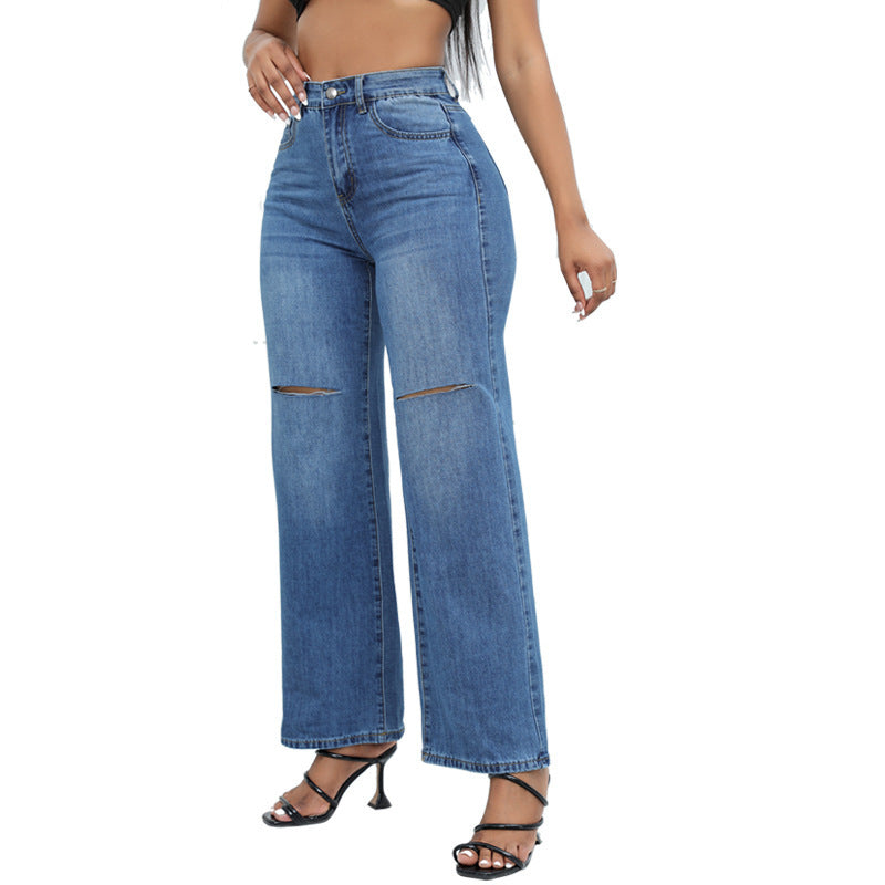 Elegant Ripped Wide-leg Jeans