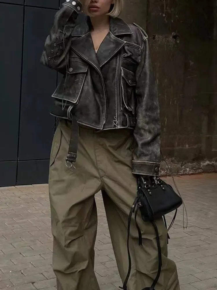 Streetwear Leather Patchwork Pockets Jackets