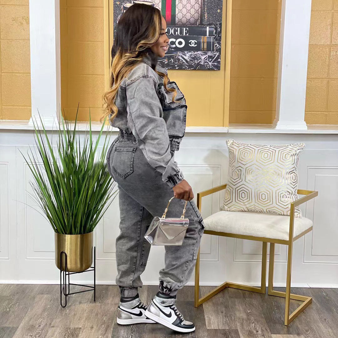 Fashion Stretchy Multi-pocket Washed Denim Sets