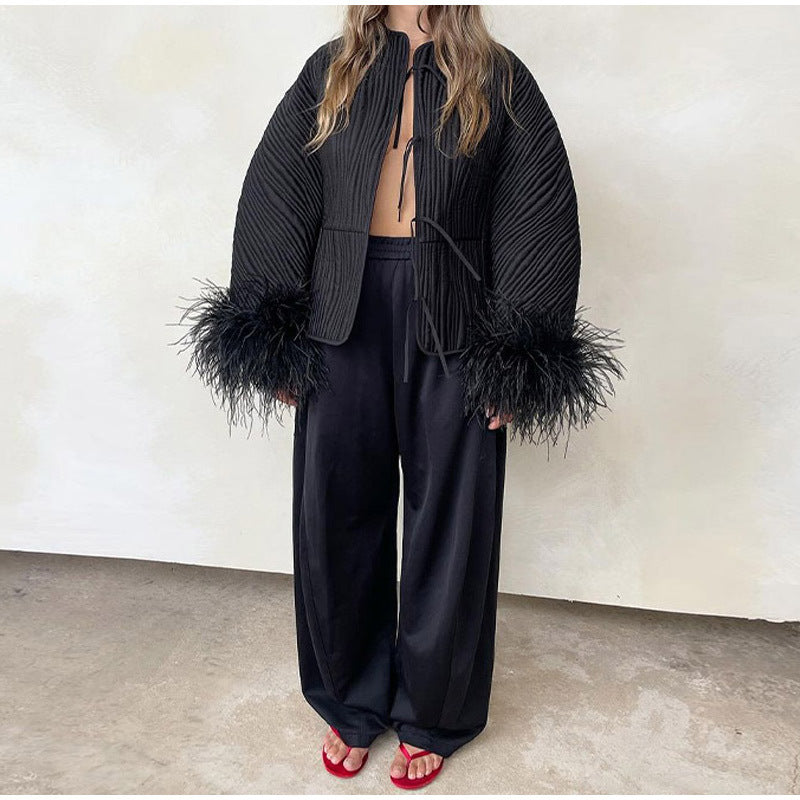 Solid color lace up feather jacket