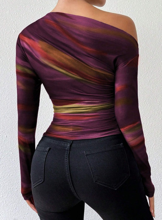 Print Long Sleeve Off-Shoulder Graphic Tops