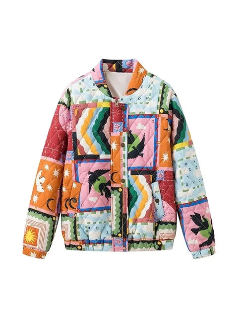 Graffiti print lapel single breasted loose cotton jacket for women