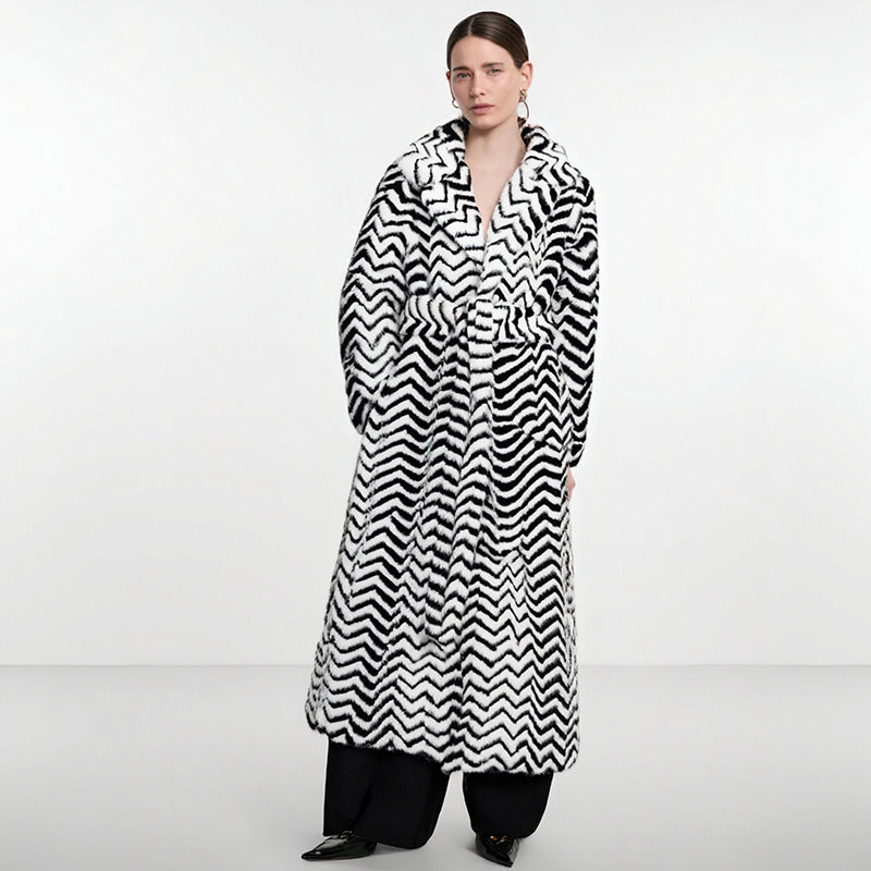 Super Long Faux Fur Coat Luxury Striped Furry Jacket