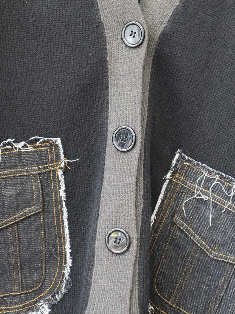 Streetwear Denim Pocket Spliced Sweater Coat