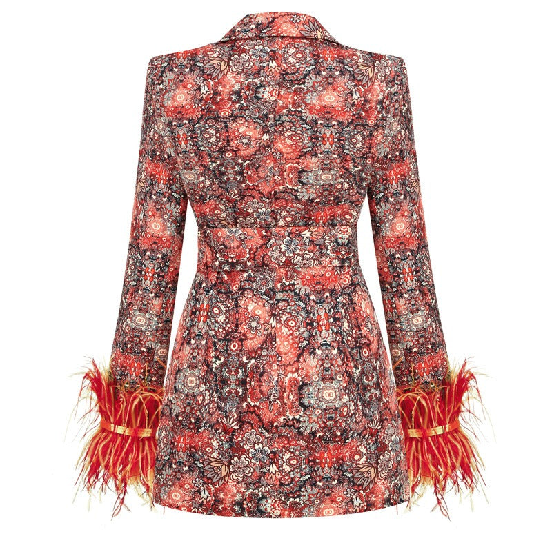 V-neck floral dress with decorative feathers at cuffs, elegant dress