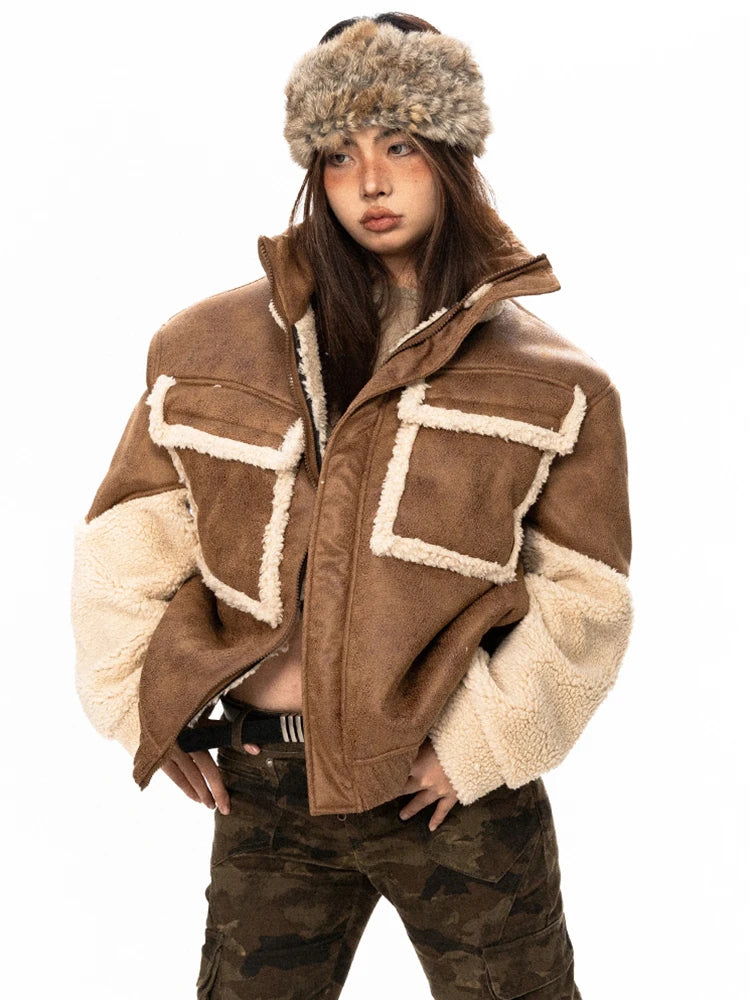 Leather Spliced Lamb Wool Padded Coat Vintage