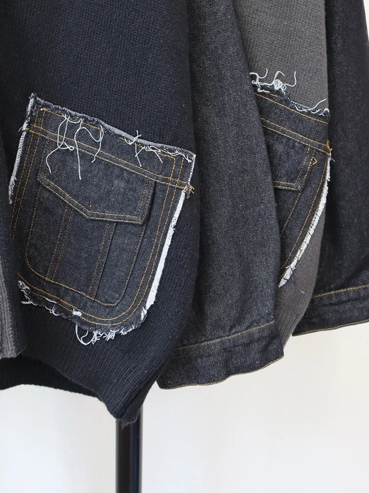 Streetwear Denim Pocket Spliced Sweater Coat
