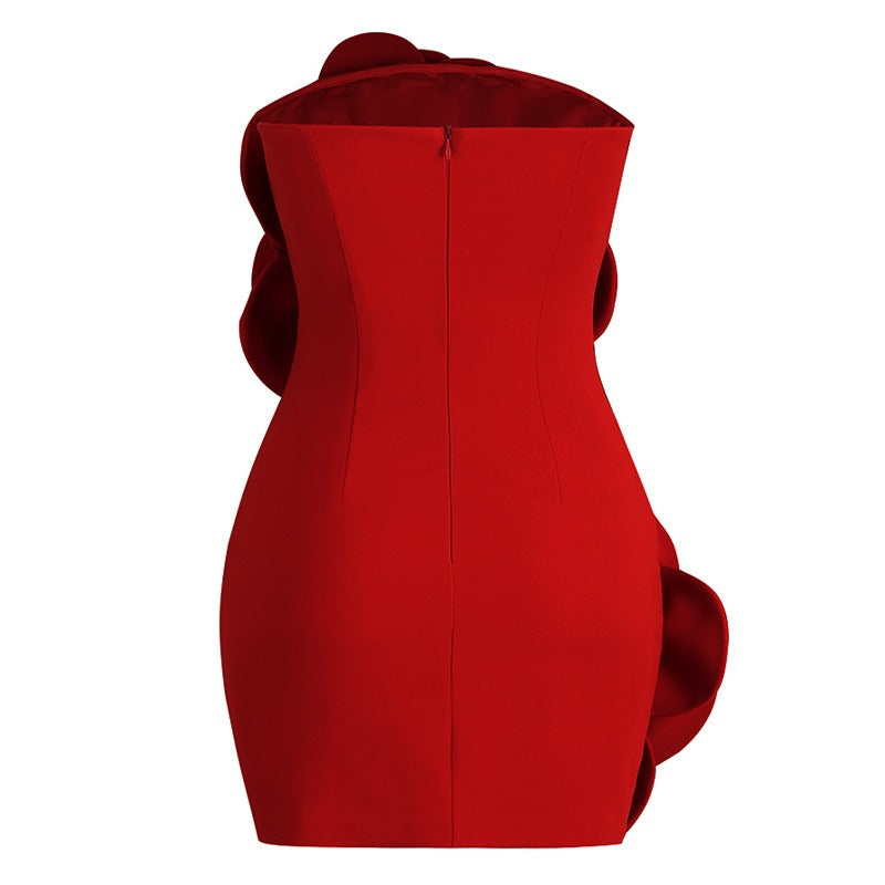 Sexy red strapless dress decorated with three-dimensional flower dress