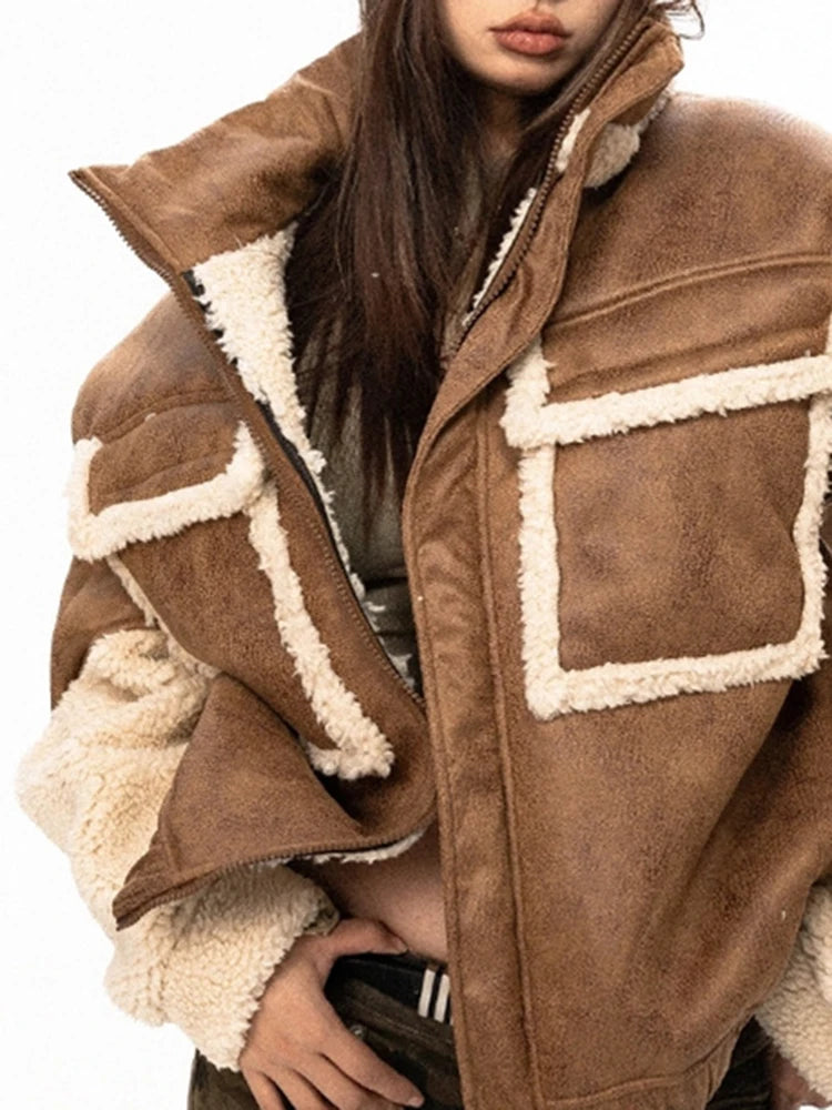 Leather Spliced Lamb Wool Padded Coat Vintage