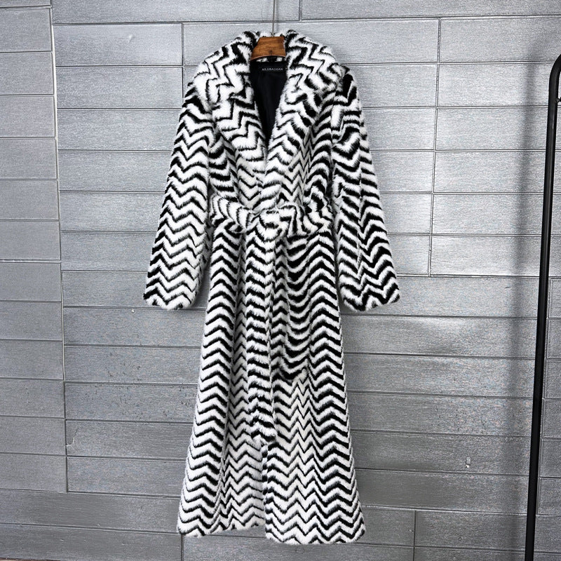 Super Long Faux Fur Coat Luxury Striped Furry Jacket