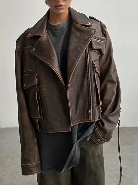 Streetwear Leather Patchwork Pockets Jackets