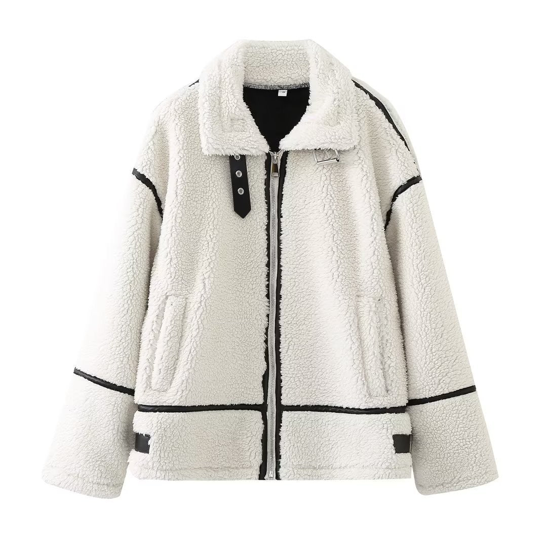 Solid Women Coat Turn Down Collar Zipper Jacket