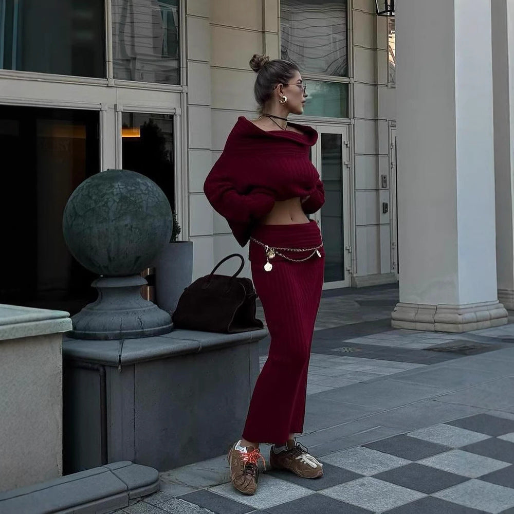 Elegant Off Shoulder Sweater Pullover Knitted Two Piece