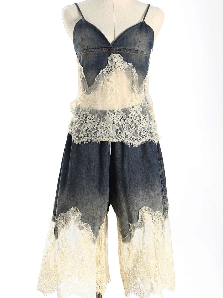 Spicy Girl Lace Splice Soft Face Denim Sling Shorts Set