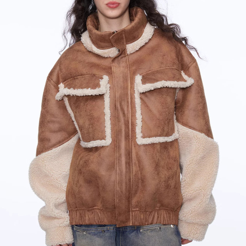 Leather Spliced Lamb Wool Padded Coat Vintage