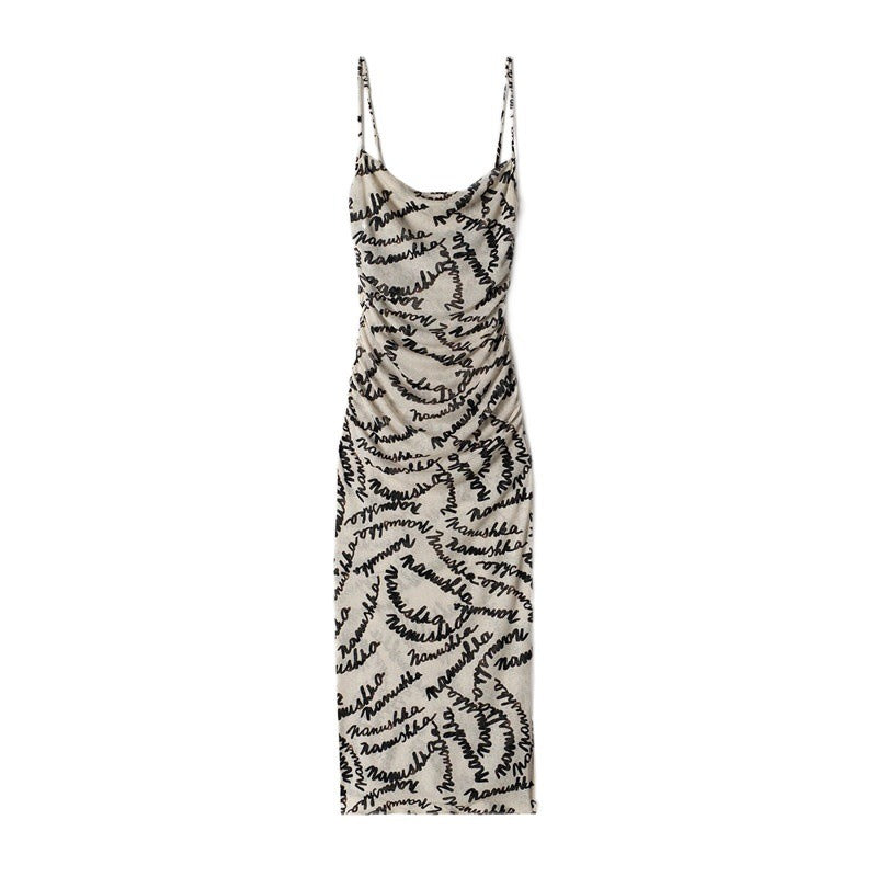 Letter Logo Printing Slip Dress Slim Waist Stretch Midi Dress