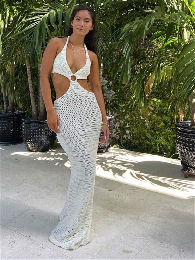 Backless strap knitted long beach dress