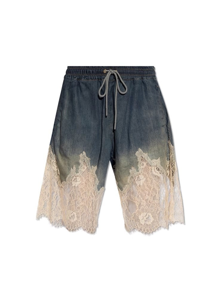 Spicy Girl Lace Splice Soft Face Denim Sling Shorts Set