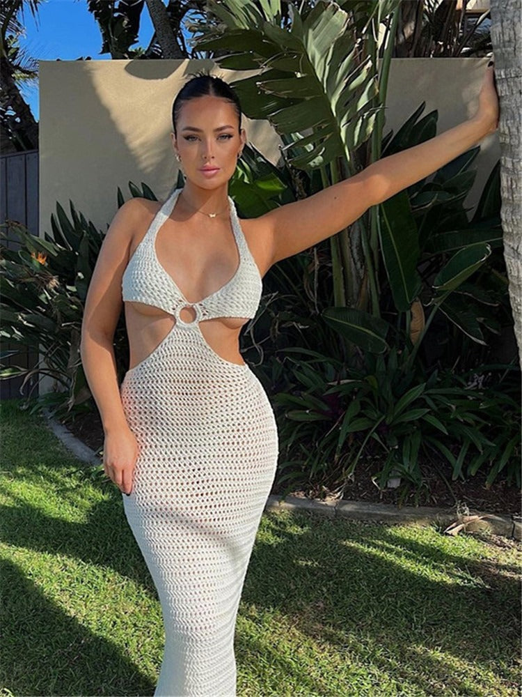 Backless strap knitted long beach dress