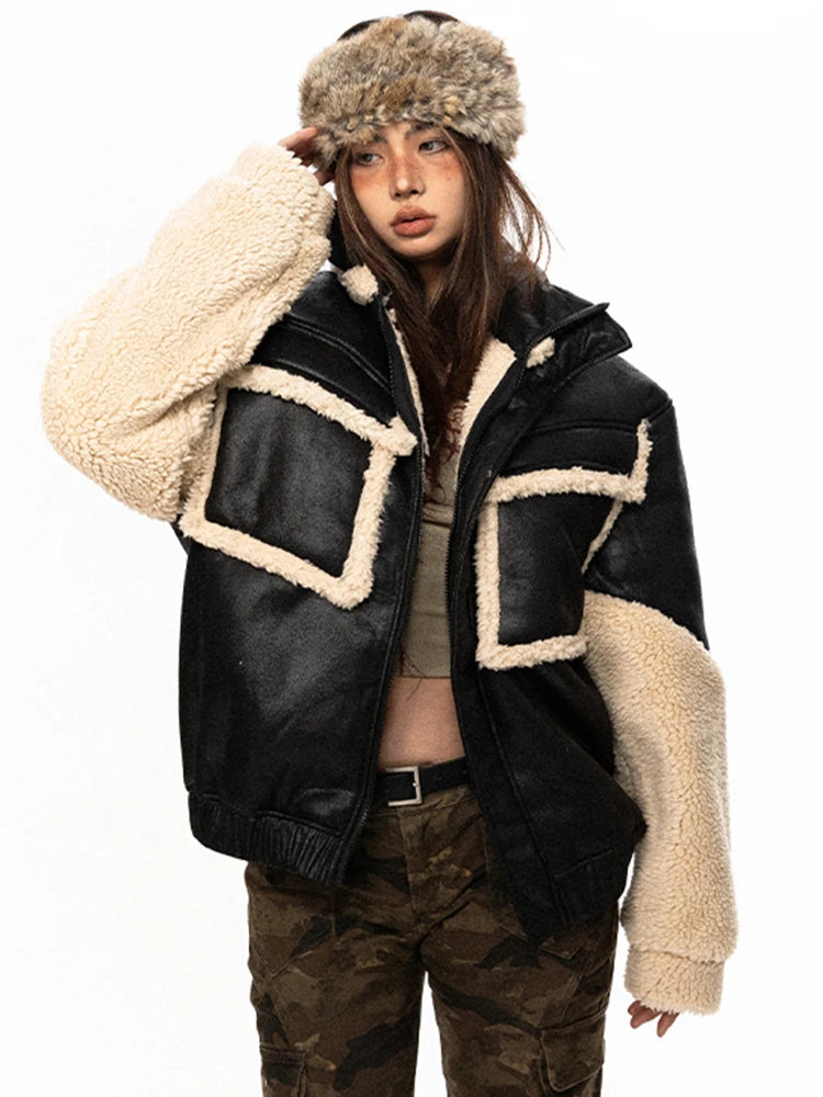 Leather Spliced Lamb Wool Padded Coat Vintage