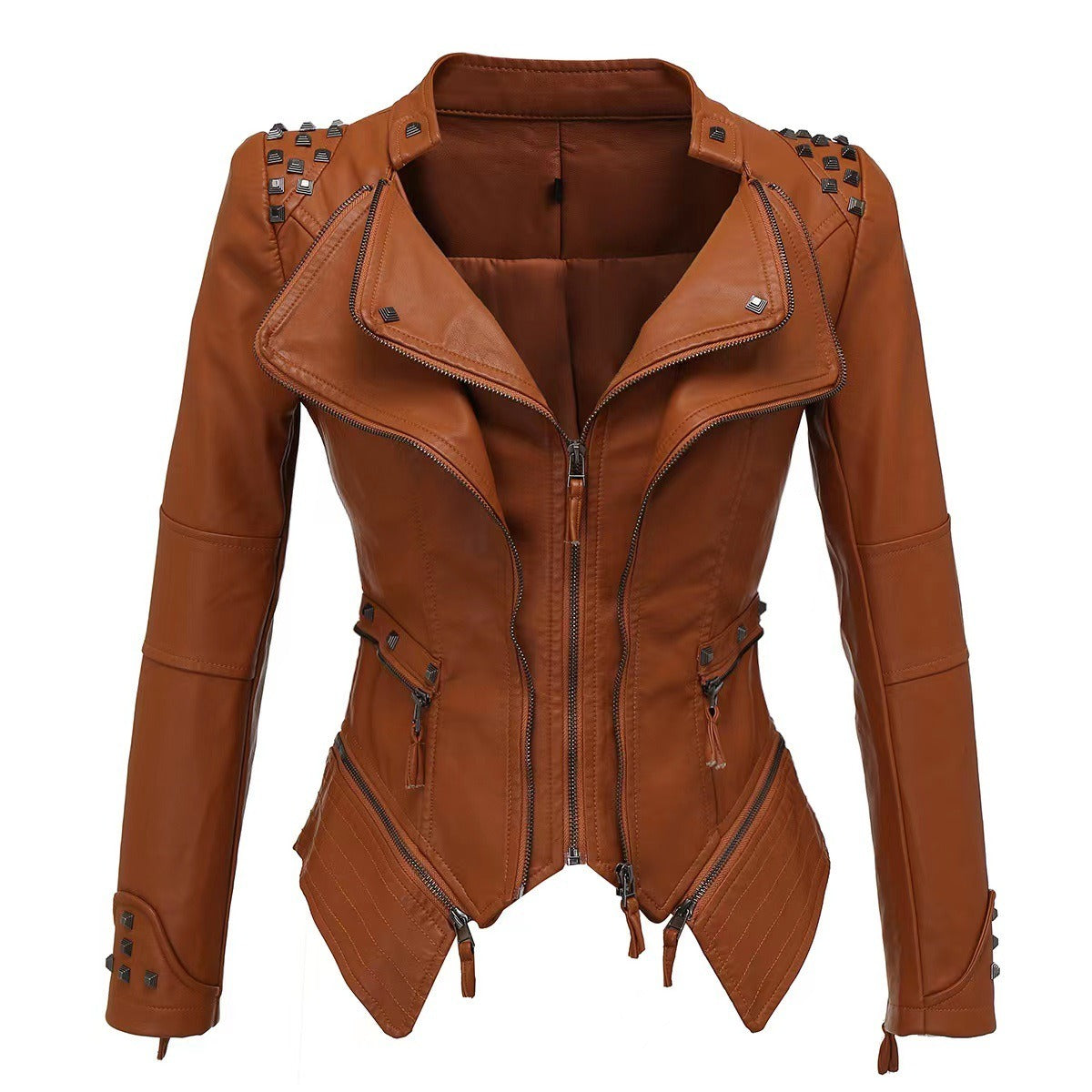 Tailed slim fit waist versatile jacket motorcycle willow nail leather jacket
