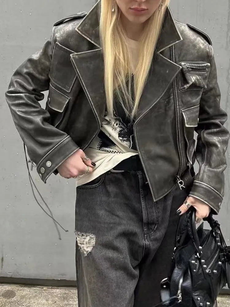 Streetwear Leather Patchwork Pockets Jackets