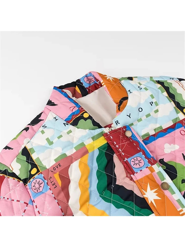 Graffiti print lapel single breasted loose cotton jacket for women
