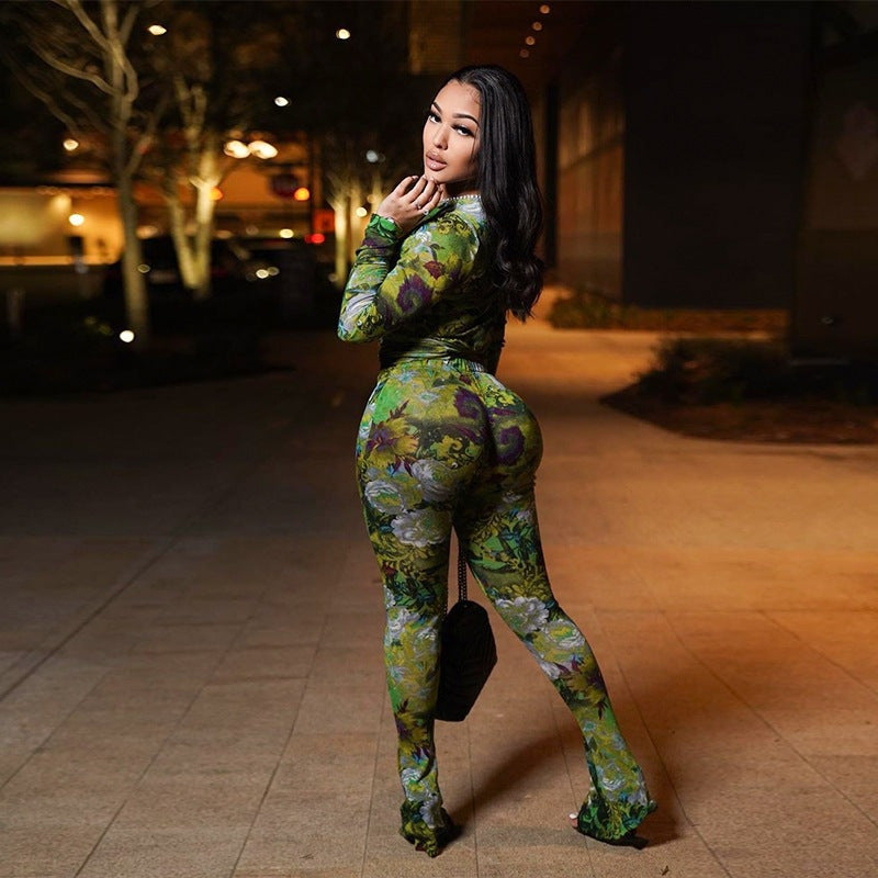 Fashion Mesh Printed Round Neck Long-sleeved Doublet Trousers Polyester Casual Suit