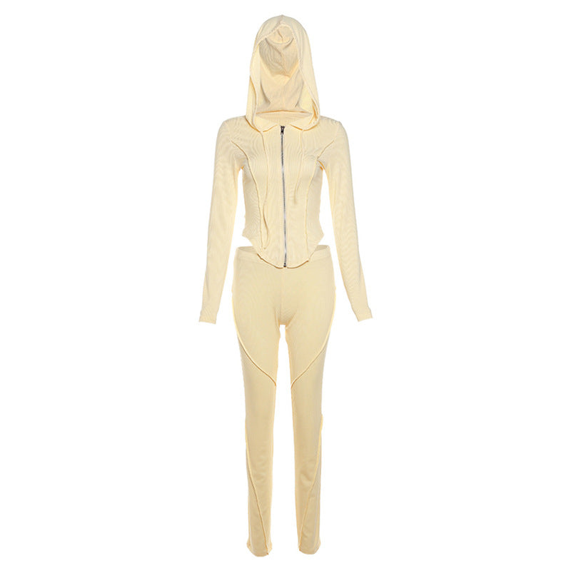 Hooded Long-sleeve Pure Color Two-piece Set