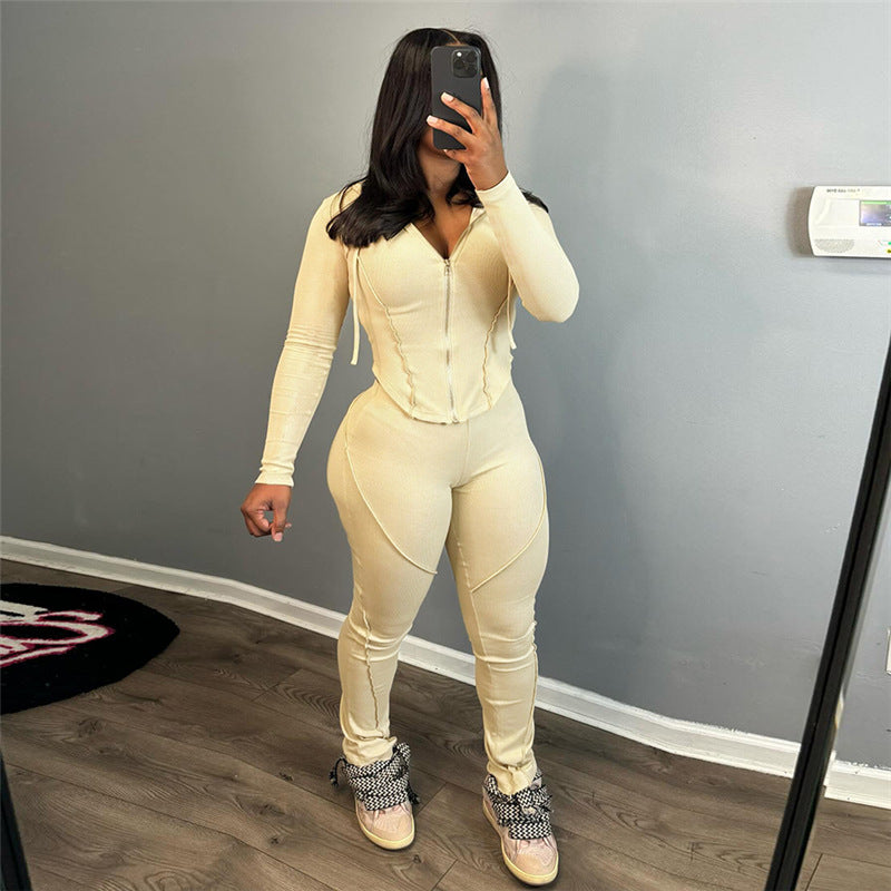 Hooded Long-sleeve Pure Color Two-piece Set